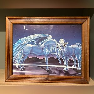 Vintage 1981 Sue Dawe Framed Unicorn Art 18” x 14.5”